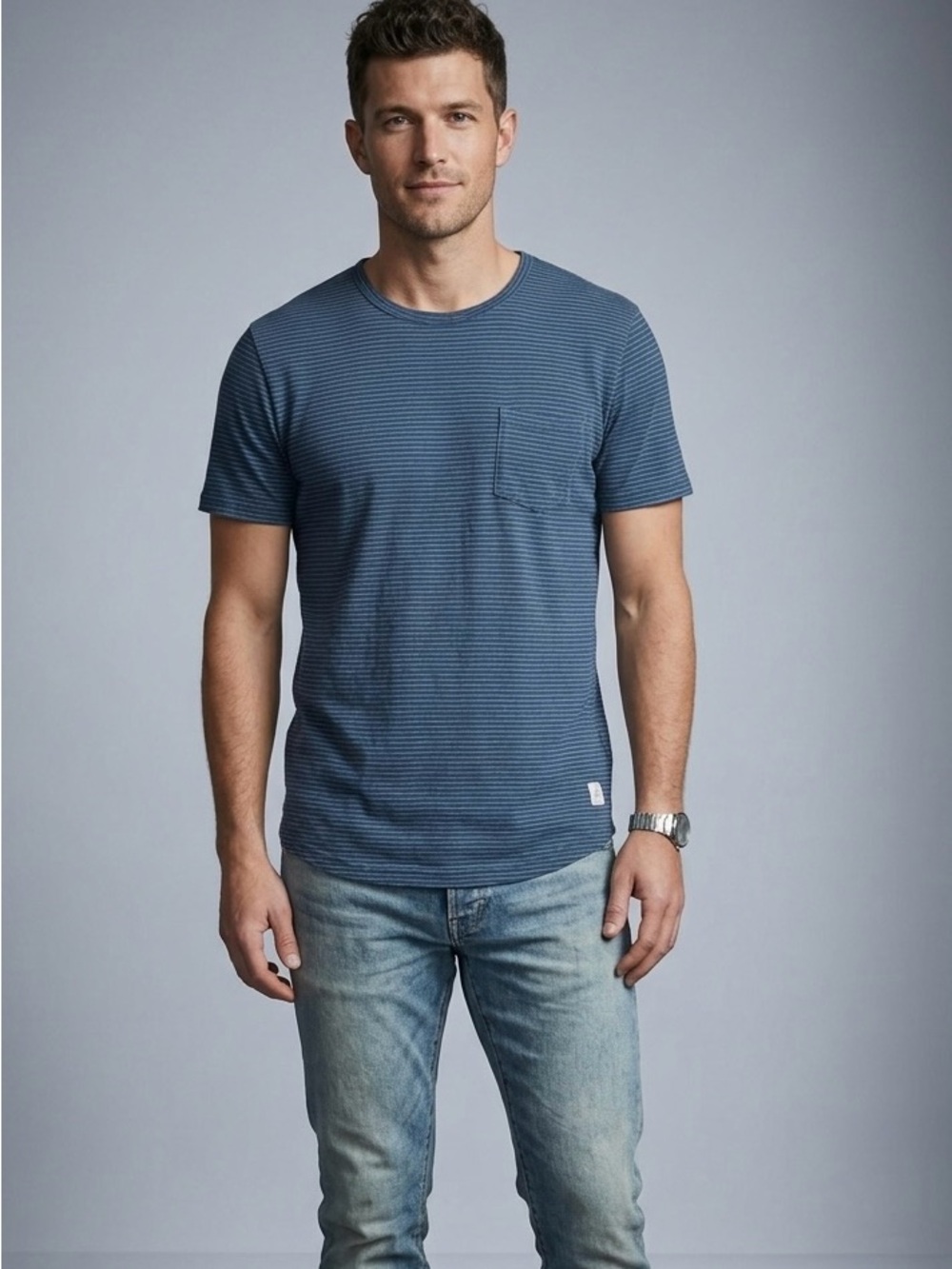 Marine Layer Men's Orion Blue Stripe Heavy Slub Pocket Tee size M/L